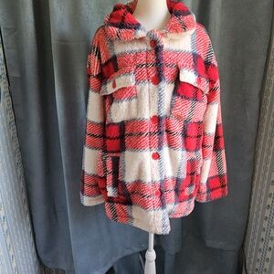 White Mark Red and White Teddy Jacket Cozy Oversized Fit